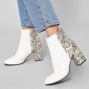 Almond Toe Two Tone Snake Block Heel Ankle Boots